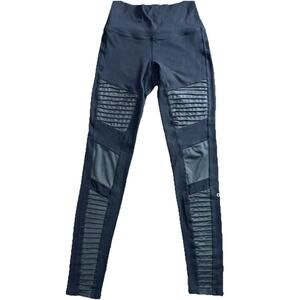 Alo Yoga Leggings Womens Small Black Moto Ribbed Faux Leather Panel Activewear